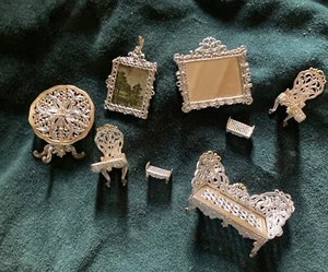LOT OF 8 VINTAGE ANTIQUE WEST GERMAN MINIATURE SOFT METAL DOLLHOUSE FURNITURE - Picture 1 of 24