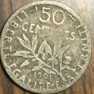1901 FRANCE SILVER 50 CENTIMES COIN - Picture 1 of 2
