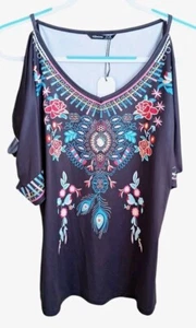 NoraCora Womens M Blouse Black Floral Cold Shoulder Shirt Boho Hippie Top *NEW* - Picture 1 of 7