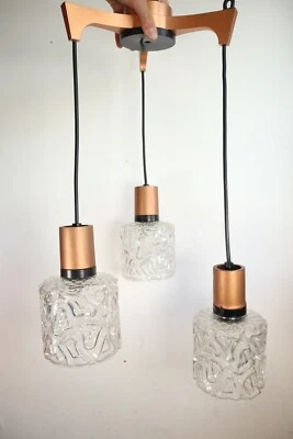 Candelabro pingente vintage design 3 braços luz cachoeira vidro cobre meados do século - Imagem 1 de 4