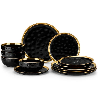 LOVECASA 12-Piece Porcelain Dinnerware Set Gold Rim Black Bowl & Plate Set for 4 - Image 1 of 4