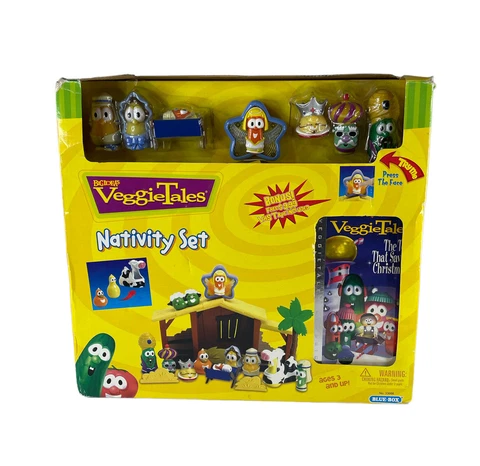 Veggie Tales Nativity Scene Christmas Action Figure Play Set W/Bonus VHS Tape Cover