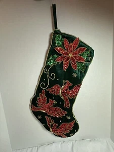 VTG NWT VENICE CHRISTMAS STOCKING, BEADED, POINSETTAS AND CARDINALS - KURT ADLER - Picture 1 of 6