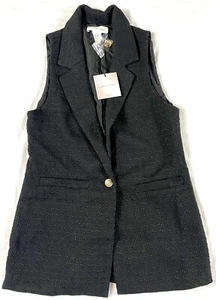 Black Textured Tweed Vest Sz M Gold Button Lined NWT Happily Grey Career Classic - Picture 1 of 11