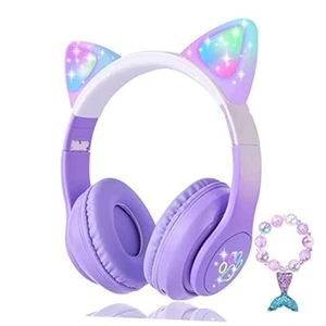 Cat Ear Kids Headphones Bluetooth, LED Light up Wireless/Wired Mode Over Purple - Picture 1 of 5