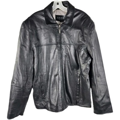 Chaqueta de cuero Izod para hombre talla mediana negra forrada bolsillos para teléfono celular suave flexible Foto 1 de 4