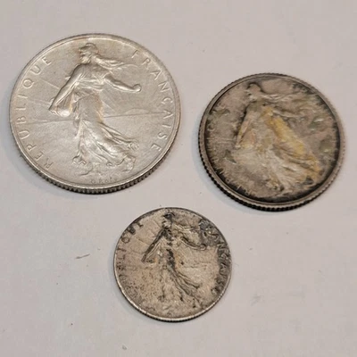 Moedas de prata de 1 e 2 francos 1917 França 50 centavos, 1918 França. - Imagem 1 de 4