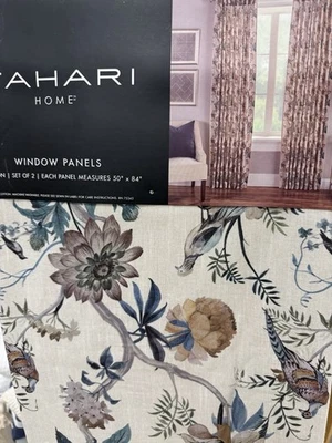 Tahari Pheasant Bird Floral Prints Two Back Tab Window Panels  50” x 84” New~ - Image 1 of 4