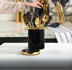 2-Piece Black and Gold Ceramic Utensil Holder with Built-In Spoon Holder - Picture 1 of 7