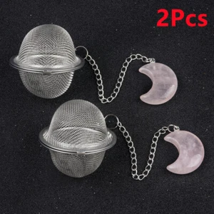 2Pcs Natural Rose Quartz Moon Stainless Steel Tea Ball Strainer Infusers HT2333 - Picture 1 of 6