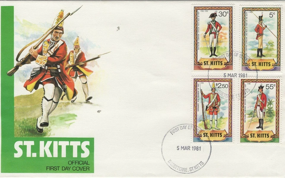 ST KITTS 1981 FIRST DAY COVER MILITARY UNIFORMS FOOT SOLDIERS - Image 1 of 1