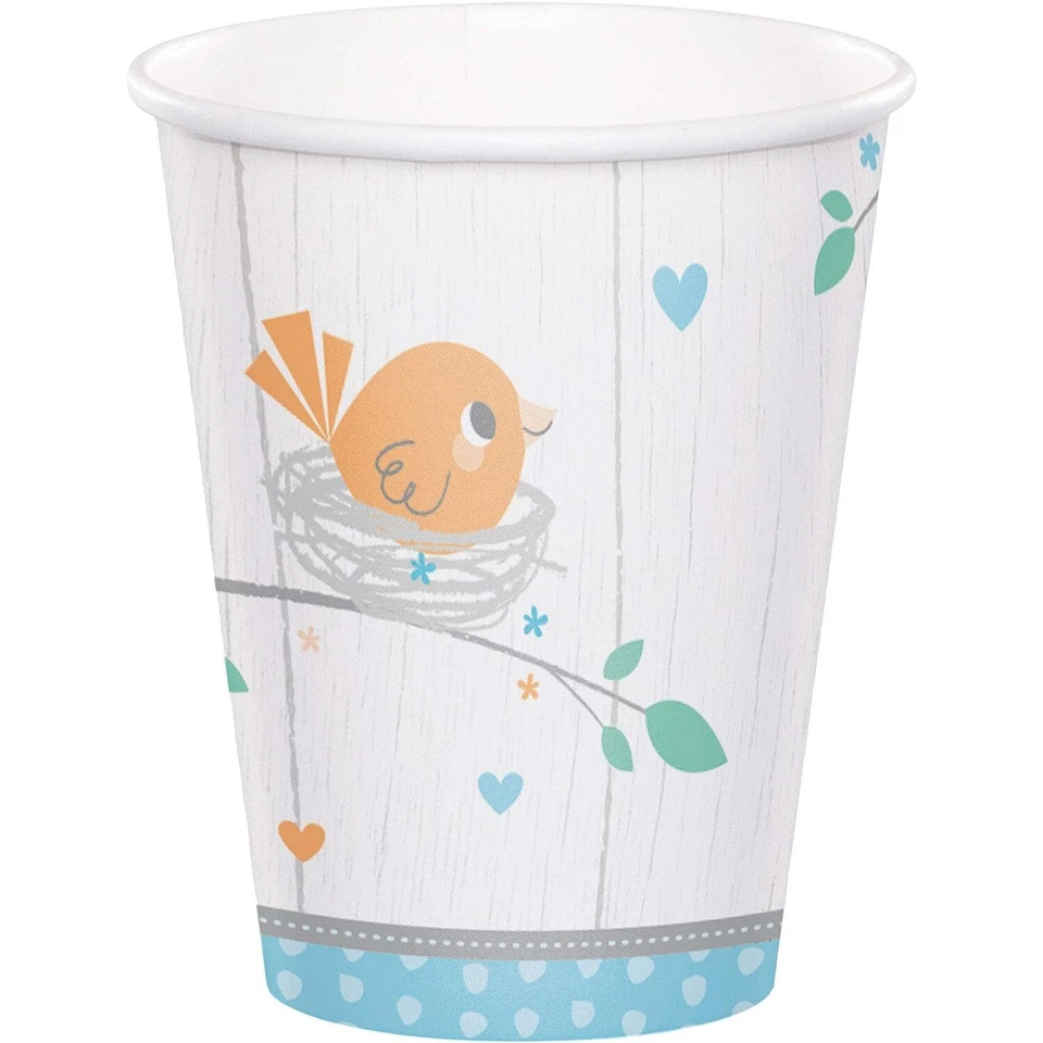 Hello Baby Boy Birds Flower Heart Blue Cute Baby Shower Party 9 oz. Paper Cups - Image 1 of 1