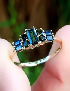 0.94CT Natural Green Black Blue Tourmaline Solid 9K Yellow Gold Ring Size 7 - Picture 1 of 9