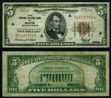 FR. 1850 A $5 1929 Federal Reserve Bank Note Boston VF