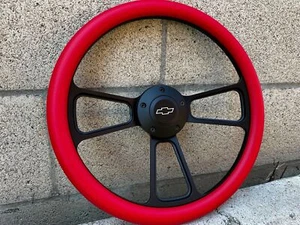 14" Black Billet Steering Wheel Red Vinyl Half Wrap Licensed Chevy Bowtie Horn - Picture 1 of 5