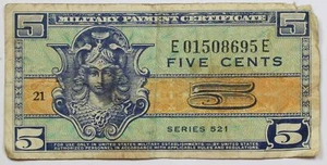 5c Series 521 MPC Military Payment Certificate Fr. M841 Five Cents - Picture 1 of 2