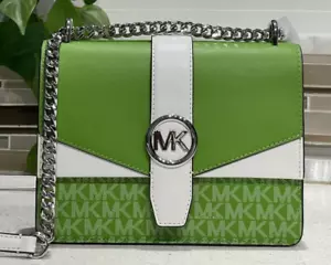 MICHAEL KORS GREENWICH SMALL FLAP CROSSBODY MK CHAIN BAG TOTE JUNGLE GREEN LOGO - Picture 1 of 12