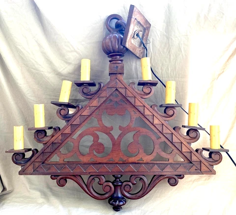 Antique/Vtg Carved Walnut/Wood Chandelier/Ceiling Light Fixture Gothic Style 31" Cover