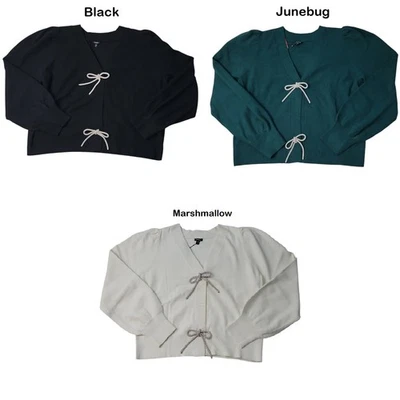 Express Women's V Neck Cropped Bow Button Cozy Knit Cardigan - Image 1 of 3