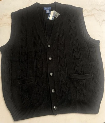VTG NWT Towncraft Gray Cableknit Sweater Grandpa Y2K Vest Leather Button XL - Image 1 of 4