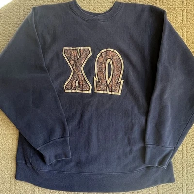 Sudadera Vintage Chi Omega Años 80 Parche Bordado Hanes Beefy Azul Talla XL Foto 1 de 4