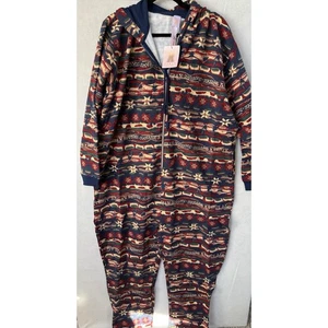 Savage X Fenty Hooded One-piece Women 1X Men Large Navy Fair Isle Print Zip NEW - Picture 1 of 14