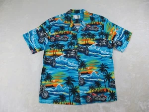VINTAGE KY'S Shirt Mens Extra Large Blue Motorcyle Button Up Hawaiian Beach 02 - Picture 1 of 9