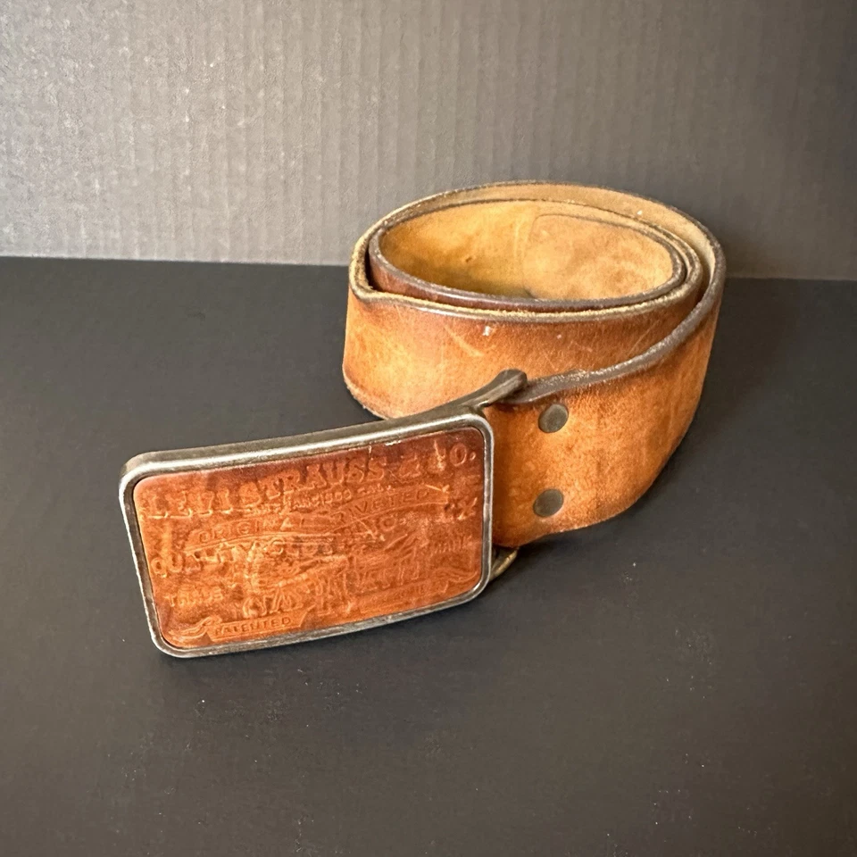 Levi Strauss  Vintage Riveted Belt Buckle and Belt 70s Made in USA Sz 32 - Image 1 of 4