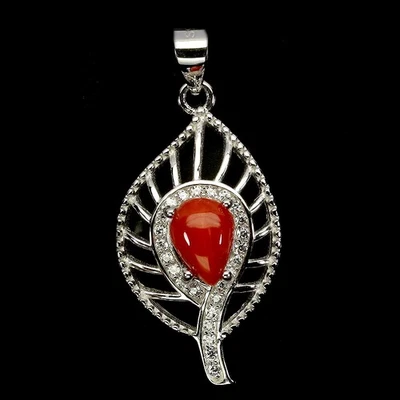 925 Sterling Silver Pendant Pear Coral 8x6mm Natural Gemstone Jewelry - Image 1 of 4