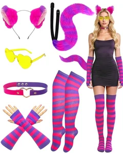 6 Stück Katze Kostüm Zubehör rosa und lila gestreift, Katzenohren Stirnband Socken... - Bild 1 von 6