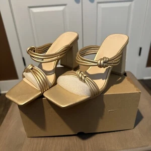 Coutgo Womens Square Open Toe Sandals Two Strap Chunky Heel Backless Gold - Picture 1 of 1