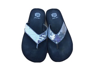 yellow box blue sequin flip flops