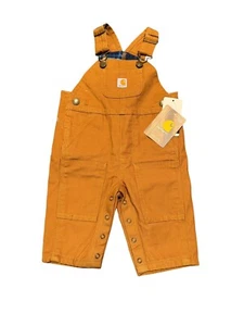 Carhartt Toddler Boy Brown Tan Bib Overalls Plaid Flannel Size Baby 3M - Picture 1 of 10