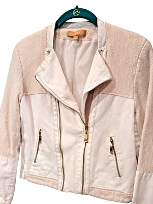 Casaco feminino Ellen Tracy marfim creme linho couro sintético bolsos tamanho P - Imagem 1 de 4