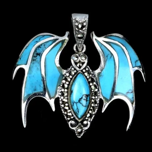 925 Sterling Silver Pendant Turquoise Stabilization Marcasite Gemstone Jewelry - Picture 1 of 9