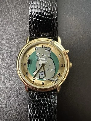Vintage Working  Grey Cat & Black Mouse Watch With Leather Band - New Battery - Image 1 of 4