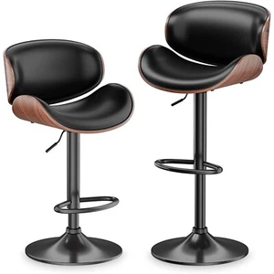 Bar Stools Set of 2 Bentwood Counter Chair Adjustable Swivel Faux Leather Black - Picture 1 of 10