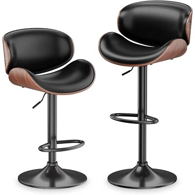 AOWOS Bar Stools Set of 2 Bentwood Counter Chair Adjustable Swivel Faux Leather Black