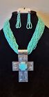 Necklace & Earring Set Statement Piece - Nena's Western Turquoise Cross