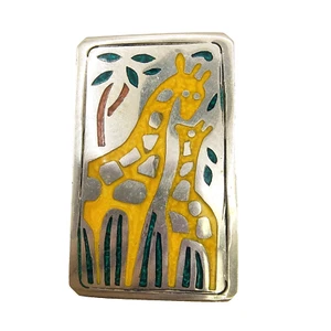 Vintage Mother And Baby Giraffe Brooch Silver Tone Enamel Inlay Rectangle Mexico - Picture 1 of 18