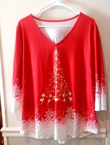 Christmas Tree Holiday Red White Long Sleeve Shirt Womens Size XXL - Picture 1 of 5