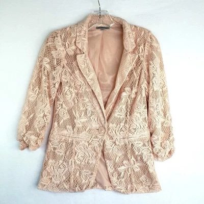 Charlotte Russe Lace Blazer Womens Small Peach Ruched Sleeve Button Front Jacket - Image 1 of 4