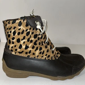Sperry Syren Gulf Leopard Print Duck Boots Womens 8 Brown Tan Black Side Zip - Picture 1 of 9