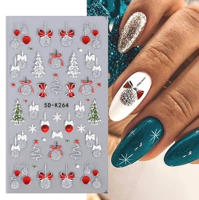 5D Nail Art Stickers Decals Embossed Christmas Tree Snowflakes Baubles Bows K64S - Image 1 of 4