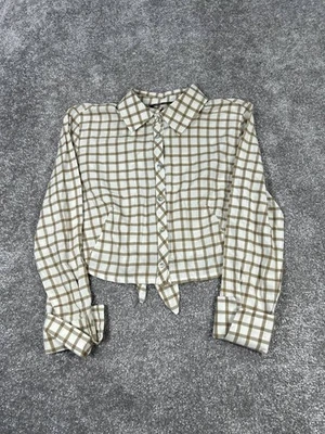 Zara Shirt Womens Small White Brown Cropped Wrap Button Up - Image 1 of 4