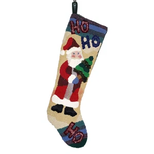 Large Christmas Stocking Santa Claus Ho Ho Ho Large Hand Hooked Vintage - Picture 1 of 7