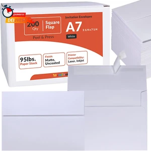 200 Pcs White A7 Invitation Envelopes 5 1/4 X 7 1/4 Square Flap Envelopes Self S - Picture 1 of 12