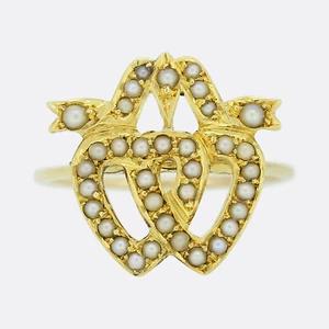 Victorian Pearl Double Heart Ring - Yellow Gold - Picture 1 of 4
