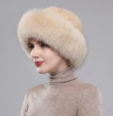 Sombrero de piel de visón real completo de piel de visón para mujer sombrero cálido sombrero de cubo Foto 1 de 4