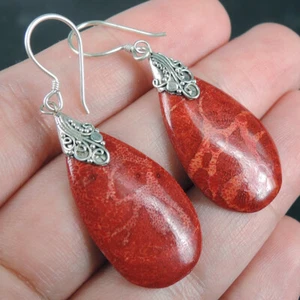 Pendientes de coral rojo natural en forma de lágrima de plata esterlina 925 joyería, RCE-90 - Imagen 1 de 6